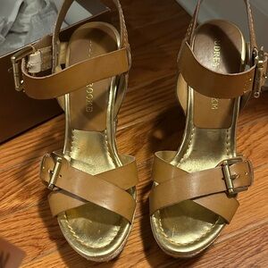 Audrey Brooke Tan Sandals with Gold Buckles